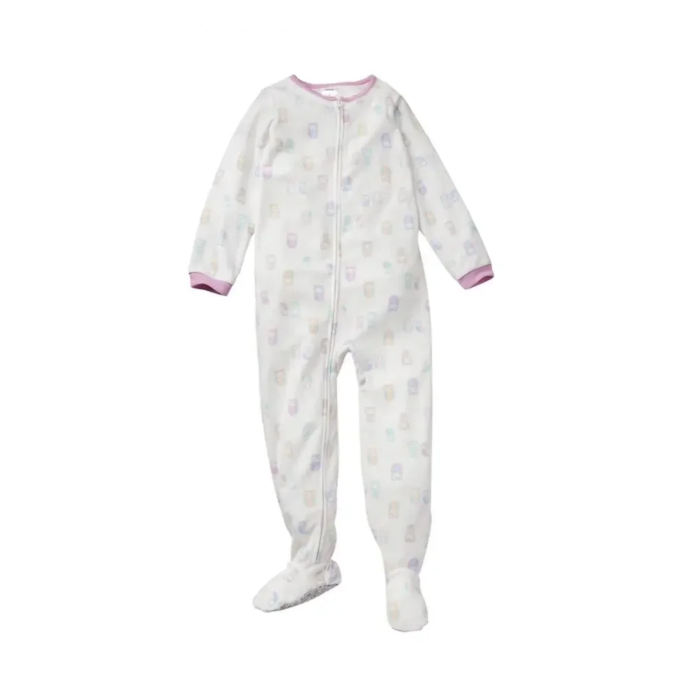 Carter's White Pink Blue Owl Microfleece Zip Up Girls' Footed Pajamas Size 4